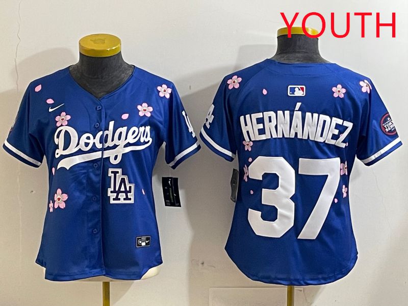 Youth Los Angeles Dodgers #37 Hernandez Blue Sakura Edition 2025 Nike MLB Jersey style 9->youth mlb jersey->Youth Jersey